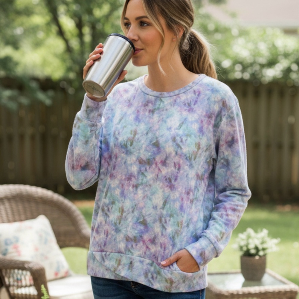 Pastel Tie Dye Crewneck Tulip Hem‎ Sweater